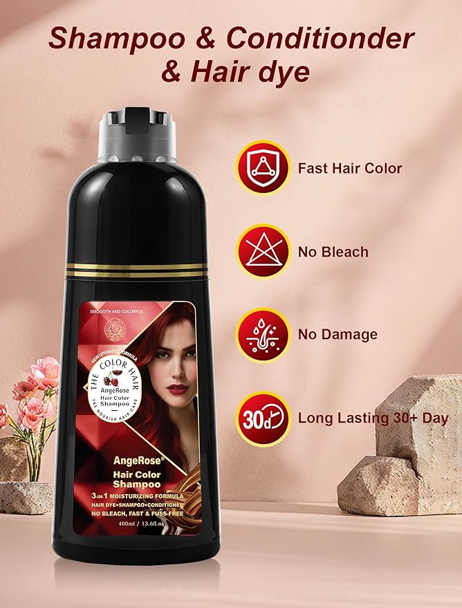 Wine Red Hair Dye Shampoo 3 in 1, Natural Hair Dye to Cover Gray Hair, 400 ML