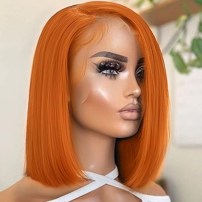 Ginger Orange Bob wig Human Hair 350# Colored Bob Wig 13x4 HD Transparent Lace Frontal Wigs Human Hair Straight Short Bob Wigs for Black Women (12inch, Ginger Bob Wig)