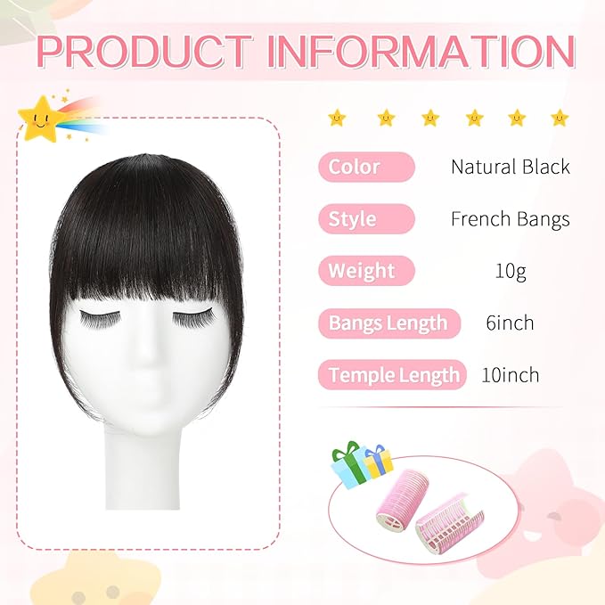 Clip in Bangs 100% Real Human Hair, French Bangs Hair Clip, Fake Bang Fringe with Temples Hairpieces for Women Daily Wear (Natural Black, French Bangs)
