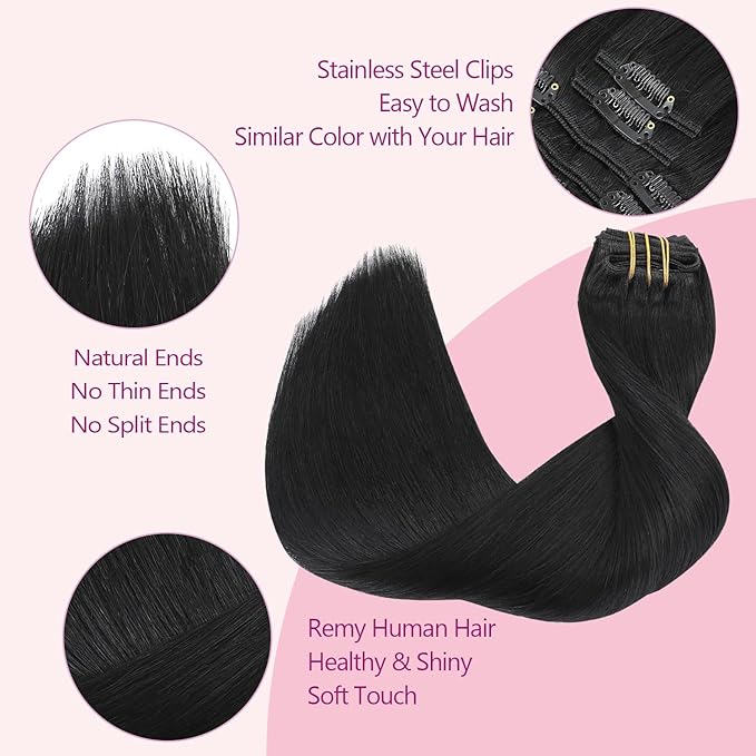 PINKPEARL Clip in Hair Extensions Real Human Hair #1 Jet Black Human Hair Extensions Clip ins 22 inch Extensions Human Hair Clip 120g 7pcs Straight Thick Natural Human Hair(#1-22)