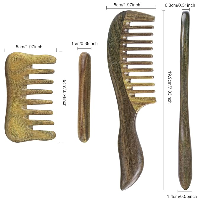Hair Comb Wooden Wide Tooth Combs for Curly, 2 Pcs Detangling Natural Sandalwood Combs for Women and Men, Detangles Wet or Dry, Thin, Thick, Wavy or Straight Hair, Scalp Massager, Anti-static