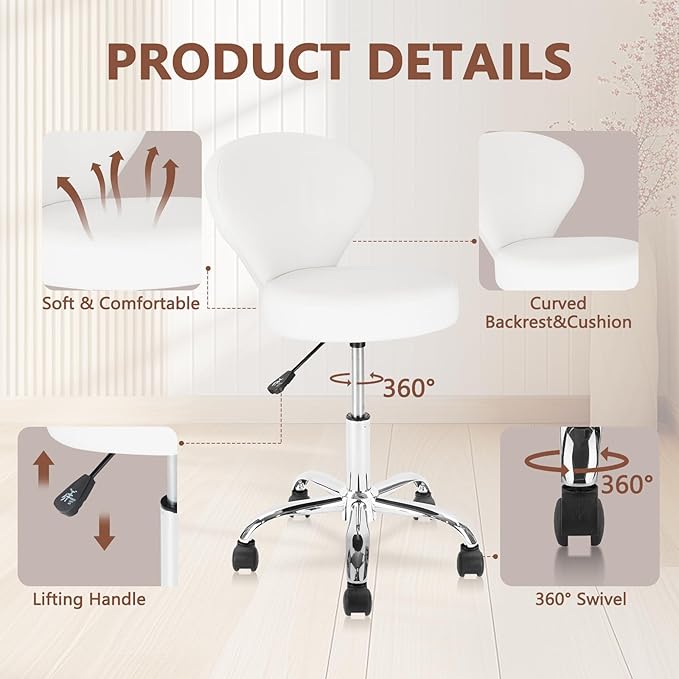 Set of 2 PVC Faux Leather Rolling Swivel Salon Stool Chair with Back Support Adjustable Hydraulic Seat Height 22 in Diameter 15 Inch for Facial Spa Medical Tattoo Beauty Barber White 2 Pack