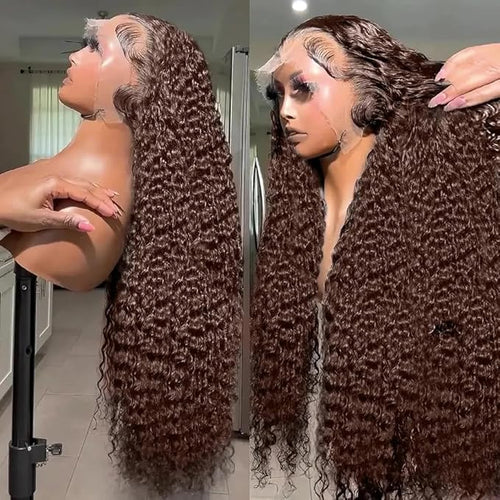 250% Density 13x6 FULL SKINLIKE HD Chocolate Brown Deep Curly lace front wigs Pre Plucked Real 0.10mm Ultra-thin Invisible Water Wave HD Lace Front Wigs Human Hair Small Knots Full Virgin Hair24 Inch