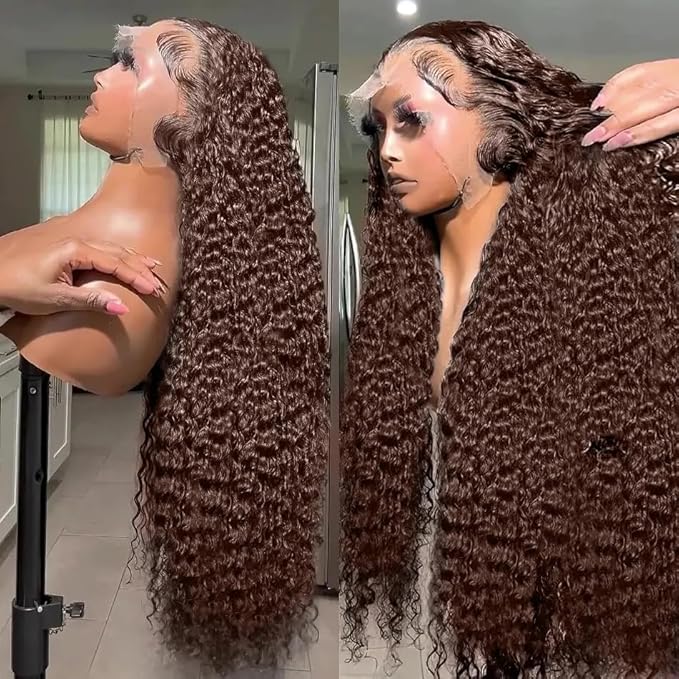 13x6 Curly SKINLIKE Real HD Lace frontal Wig, 250% Density Chocolate Brown Curly Deep lace front wigs Human Hair, 0.10mm Ultra-thin Invisible Melted Crystal HD Lace Human Hair Wigs 20 Inch