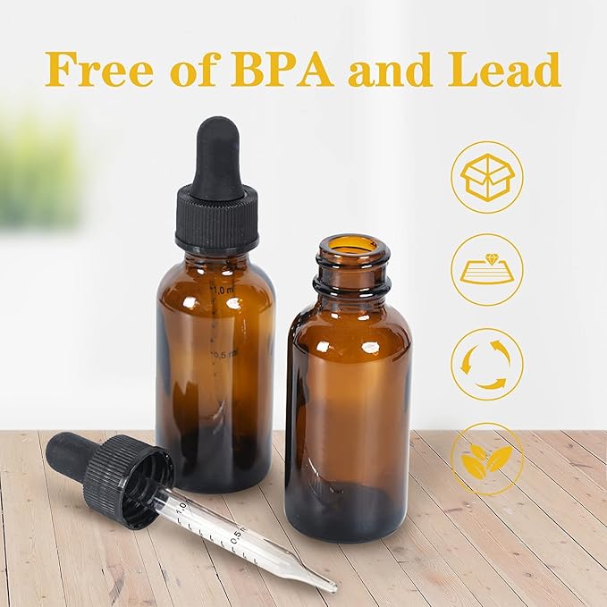 1 oz Dropper Bottle 48 Pack Amber Glass Boston Bottles 30ml with Eye Droppers Black Caps for Essential Oils, Perfume, Leak Proof Travel Bottles for Liquids