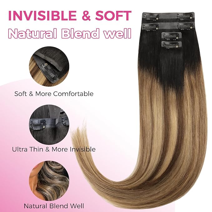 Lashey Seamless Clip in Hair Extensions Human Hair 4pcs 37g 14 Inch Straight Ombre Balayage Ash Brown Highlighted Honey Blonde with Natural Black Dark Roots
