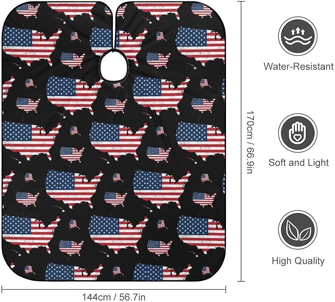 Extra Long Hair Cutting Salon Cape, Haircut Apron USA Map Patriotic Black American Flag Hair Cutting Cloak for Hair Dye