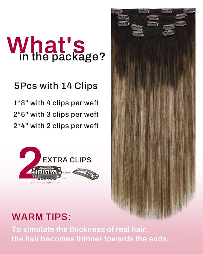 Moresoo Clip in Hair Extensions Dark Brown with Blonde Balayage Real Human Hair Clip in Extensions Dark to Golden Brown with Ash Blonde Long And Straight for Women Double Weft 80g/5pcs 20 inch