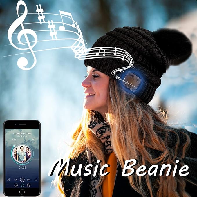 Wireless Music Beanie Women Beanie Girls Hat Over Ear Headset Sports Stereo Headphone with Microphone Speaker Womens Beanie