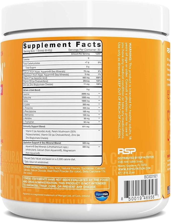 AminoLean Hydrating Electrolyte Powder and Recovery Drink with Sea Minerals, Nootropic Mushrooms, and Vegan Amino Acids, BCAAs + EAAs for Post Workout Muscle Building, Blood Orange