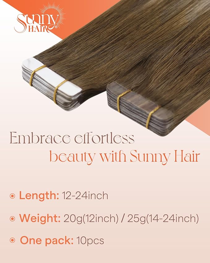 Sunny Hair Tape in Hair Extensions Real Human Hair Invisible Remy Hair Extensions Tape ins for Women Medium Brown Ombre PLatinum Blonde Balayage 14 inch 25G