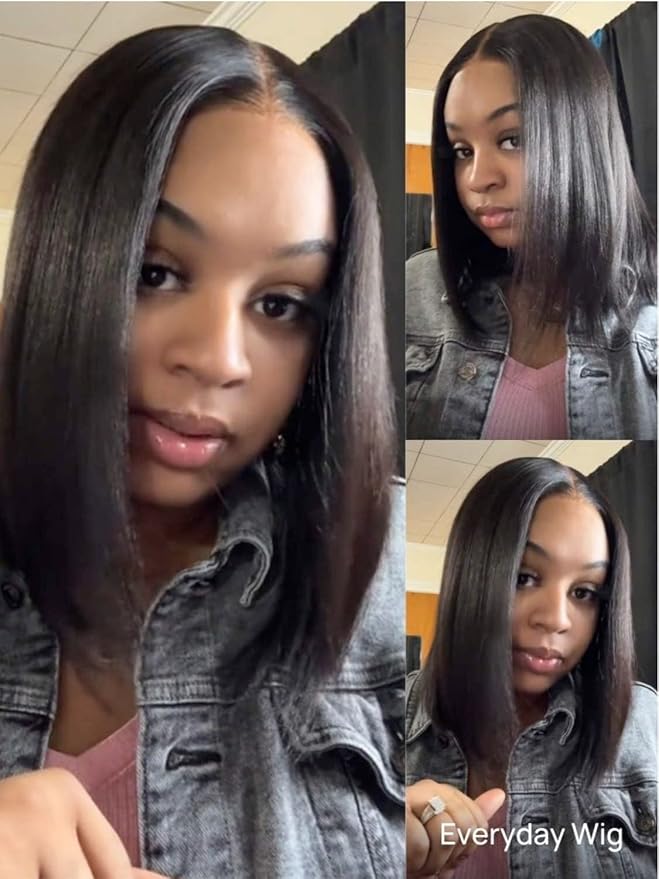 YIROO Yaki Straight Bob Human Hair Drawstring Wigs Pre Cut 7x5 HD Lace Front Wig Bye Bye Knots Glueless Yaki Short Bob Human Hair Wigs Pre Plucked Invisible Knots 150% Density Ready to Go 12Inch