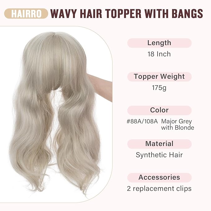Hairro 18 Inch Long Hair Toppers Wavy with Side Bangs for Women, Clips In Synthetic Hairpieces Capless, for Adding Volume/Birthday/Party/Halloween/Cosplay Dress Up, Grey Mixed Light Blonde