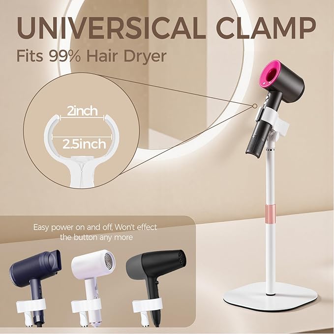 Hands Free Hair Dryer Stand Holder, Countop Blow Dryer Holder with 360 Degree Rotating, Height Adjustable, Universal Grip Works for 99% Blow Dryer (White)