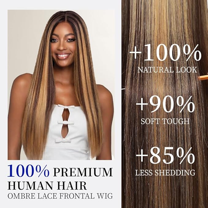 Highlight Ombre Lace Front Wig Human Hair 13X6 Honey Blonde Straight HD Lace Frontal Wig Pre Plucked Tangle-Free 200 Density Brown Wig 4/27 Colored Real Virgin Human Hair 22 Inch