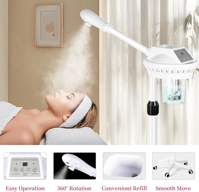 Professional Facial Steamer, Esthetician Steamer on Wheels, Stand Face Steamer for Facial Deep Cleaning, Steamer for Facial for Personal Care or Spa, Moisturizing and Hydrating