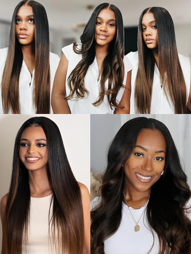 Julia Hair Chestnut Brown Ombre Yaki Straight 7x5 Pre Cut HD Lace Put On and Go Wig Bye Bye Knots Glueless Human Hair Wigs with Invisi Drawstring Pre Plucked Bleached Knots Beginner Friendly 18 Inch