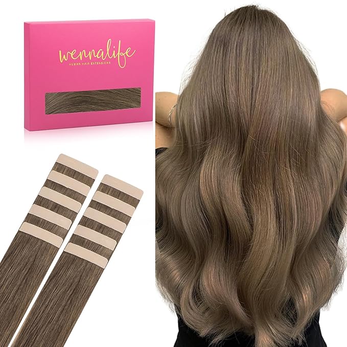 WENNALIFE Tape in Hair Extensions Human Hair Light Ash Brown Tape in Extensions, 10pcs 25g 16 inch Remy Invisible Tape Ins Straight Colored Soft Real Human Hair Tape in Extensions Refill Set
