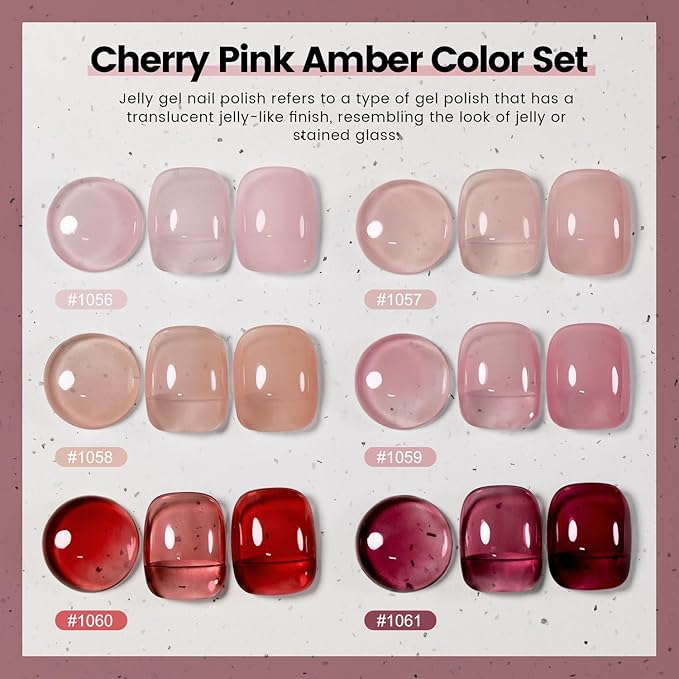 RARJSM Nude Jelly Gel Nail Polish Set 6pcs Clear Crytal Glass Pale Gray Pink Cherry Red Series Transparent Sheer Amber Milky Gel Varnish LED UV Curing Requires Soak off French Manicure Home Salon