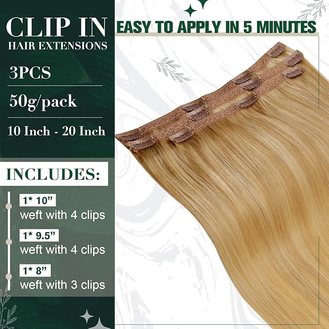 RUANTURE Blonde Human Hair Clip in Extensions, 20 Inch Clip in Hair Extensions Real Human Hair, Long Hair Extensions Clip Ins, Add Hair Length, 50g 3pcs #16P24 Golden Blonde Highlights