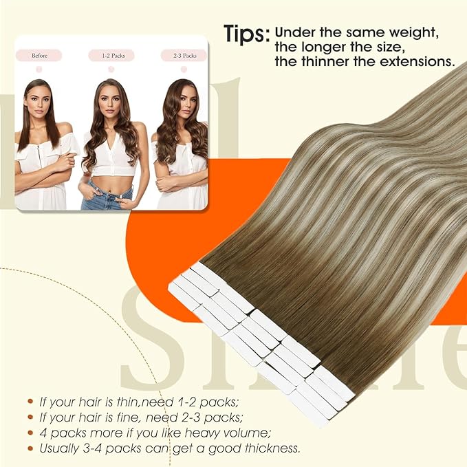 Full Shine Hair Extensions Real Human Hair Tape in Color 3/8/22 Remy Tape in Hair Extensions Cuticles Aligned for Women Bridal Hairstyles Long Straight Extension 18Inch 50G 20Pcs