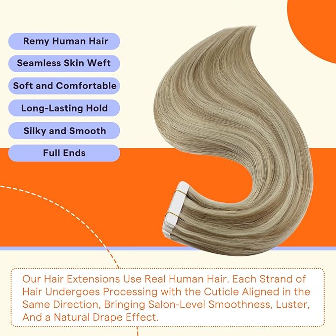 Full Shine Tape in Extensions Human Hair 18 Inch Color 16 Light Golden Blonde Highlighted 22 Blonde Seamless Double Sided Human Hair Extensions Tape in 40PCS Invisible Remy Hair 100 Grams for Wedding