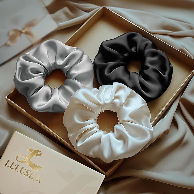 LULUSILK Silk Scrunchies for Hair Sleep, 100% Real Mulberry Silk, No Damage Hair Ties for Women and Girls, Black White and Silvergrey, Pack of 3