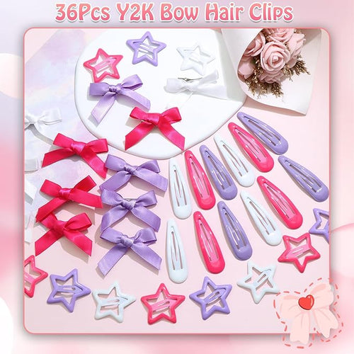 36Pcs Hot Pink Mini Hair Bows Purple Star Snap Hair Barrettes for Women White Water Drop No Slip Hair Clips Small Bow Hair Clips Star Bowknot Hair Accessories for Teens Girls