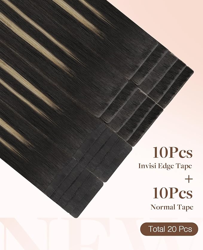 GOO GOO Invisi Edge Tape in Hair Extensions Human Hair, 1B/19/1B Natural Black to Light Blonde 10pcs injected with 10pcs classical tape ins, 16inch 50g, Virgin Remy Hair, Natural Look