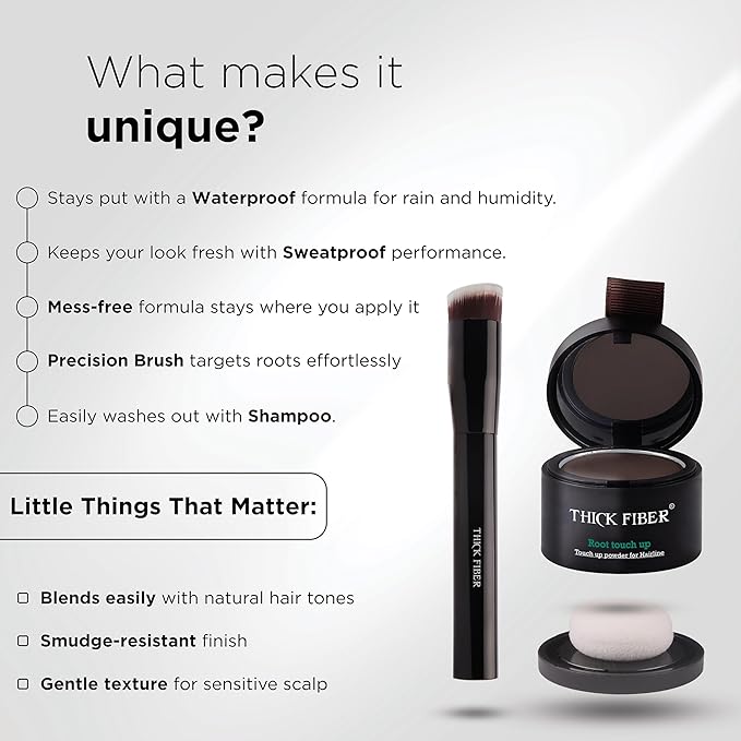 THICK FIBER Root Touch Up Powder - Water & Sweat Resistant Hair Loss Concealer Set for Thinning Hair Women, Includes Brush (Dark Brown)