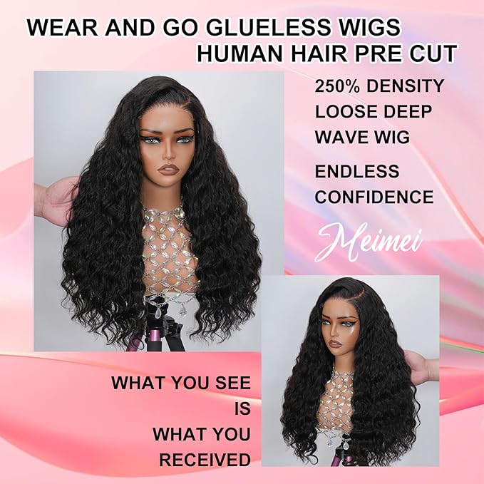 MEIMEI 250 Density Wear and Go Glueless Wigs Human Hair Pre Cut Bleached Knots Loose Wave 5x5 HD Lace Closure Wigs Human Hair Pre Plucked, No Synthetic Blend No Tangle No Shedding Triple Lifespan 3X