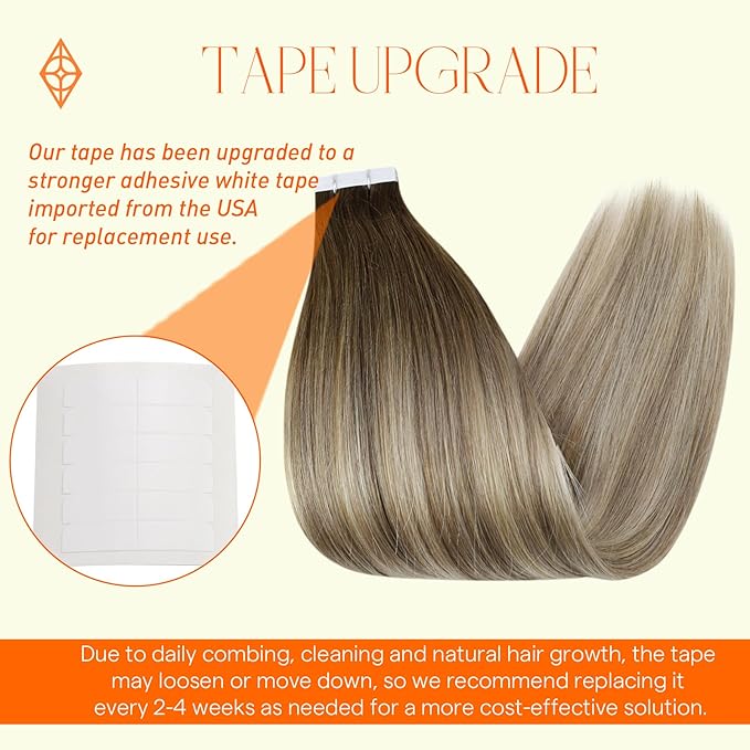 Full Shine Tape in Hair Extensions Human Hair 16Inch Remy Tape in Extensions 20Pcs 50G Seamless Tape Hair Extensions Real Human Hair Dark Roots Color 3/8/22 Brown and Blonde Highlights for Wedding