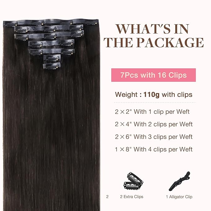 GOO GOO Clip in Hair Extensions Real Human Hair, Remy Human Hair Extensions Clip ins for Women, Natural Human Hair, 16inch 110g 7Pcs, 2 Dark Brown