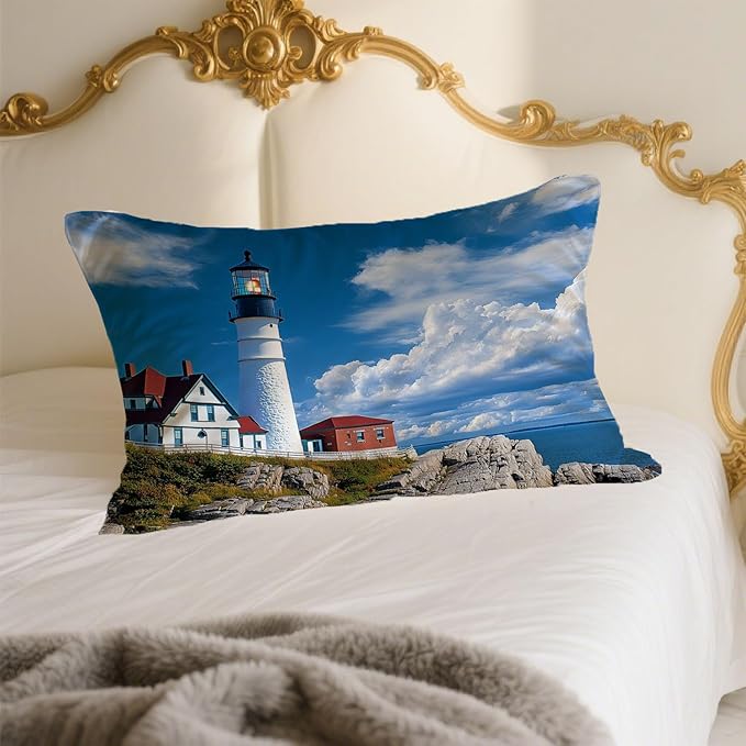 1 Pack Satin Pillowcase for Hair and Skin Lighthouse by The Sea Imitation Silk Pillowcase with Hidden Zipper Soft Breathable Pillow Cover Standard Size for Bedroom Sofa 20”x26”