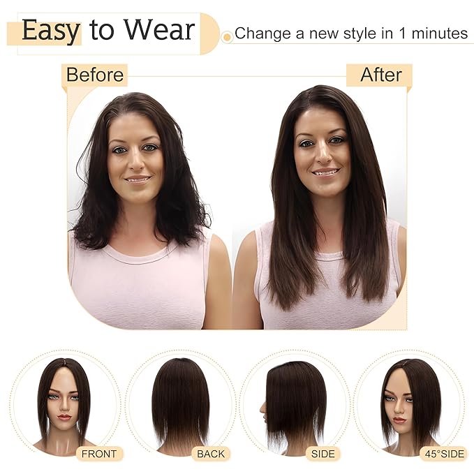 SEGO Human Hair Toppers for Women With Thinning Hair, 7 * 13CM Silk Base 100% Real Human Hair Clip in Top Wiglet Hairpieces -8 Inch No Bangs Dark Brown