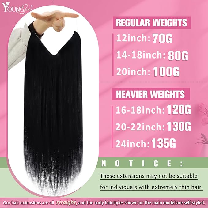 YoungSee Invisible Wire Hair Extensions Real Human Hair Black Wire Human Hair Extensions Jet Black Fish Line Hair Extension for Women 14In 80G