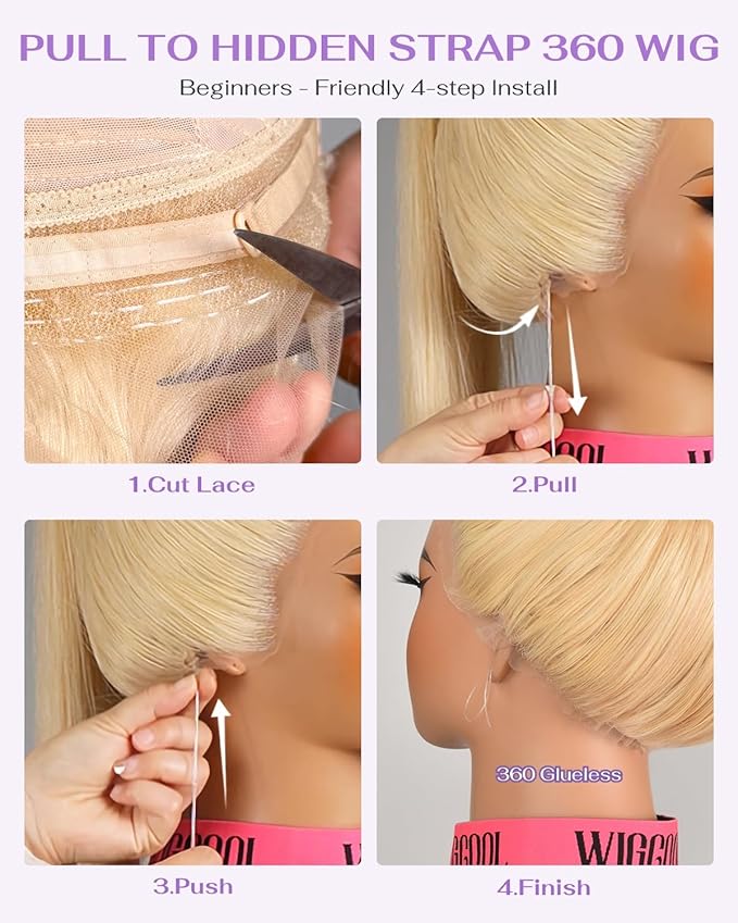 Hidden Strap Straight 360 613 Lace Front Wigs Human Hair Invisible Strap Pre Plucked 180% Density SALON-Quality Blonde Wig with Drawstring Glueless Wigs HD Full Lace Human Hair Wigs 22inch