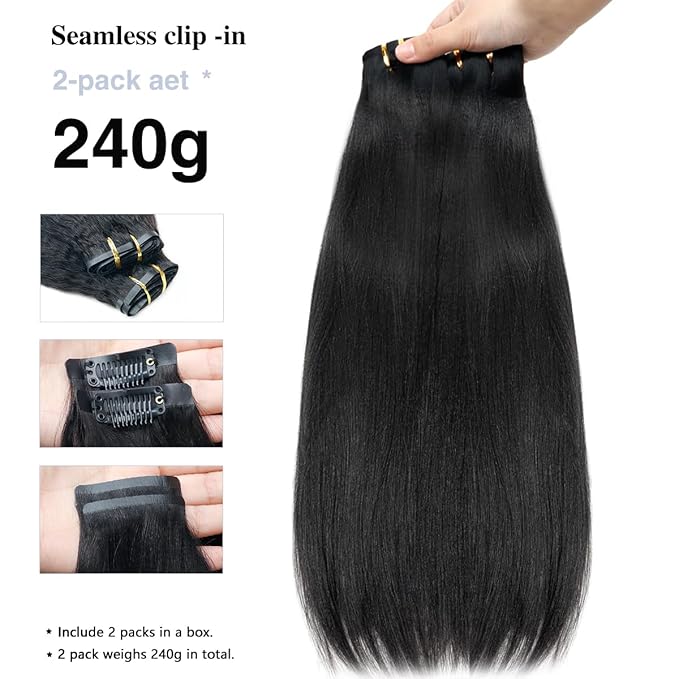 Yaki Straight Clip in Hair Extensions Real Human Hair 2 Pack 240g Seamless for Women Full Max with 16Pcs Remy Human Hair Extensions PU Skin Weft 22inch Natural Black