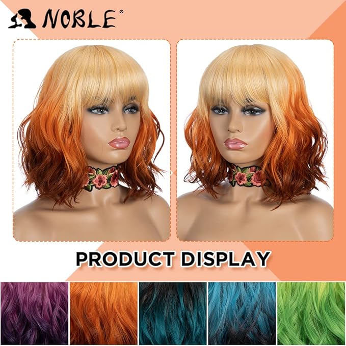 NOBLE Short Bob Wigs with Bangs for Women 3 Tone Ombre Color Synthetic Shoulder Length Curly Wavy Blonde to Orange to Ginger Wig Natural Looking Heat Resistant Colorful Daily Party Cosplay Bob Wigs.