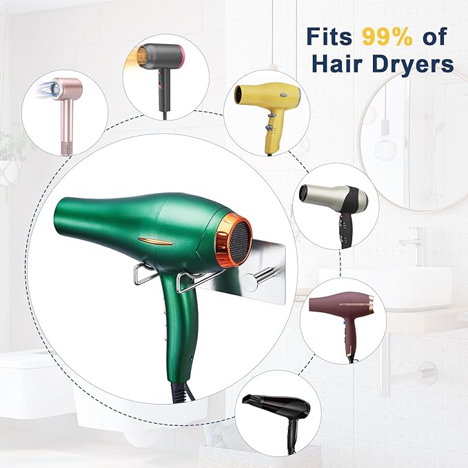 Blow Dryer Holder Wall Mounted, Hair Dryer Holder, Stainless Steel Hair Tool Organizer, Adhesive Hair Dryer Hook for Wall, Bathroom Hairdryer Holder for Blowdryer Storage