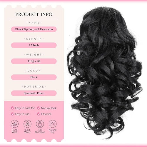 12 Inch Black Ponytail Extension - Soft Wavy Pony Tails Hair Extensions, Claw Clip Ponytail Extension, Natural Short Hair Extensions Ponytail, Synthetic Hair Pieces for Women (Color: Black)