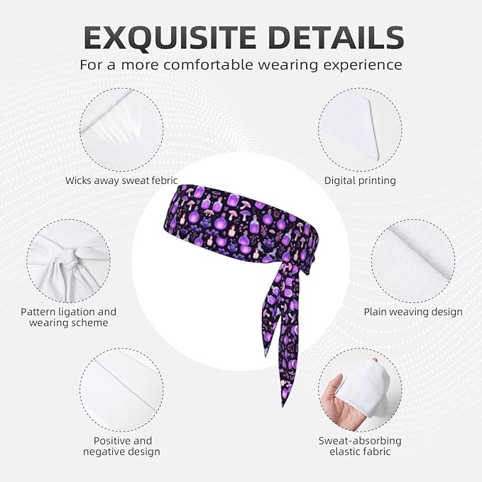 Boys Girls Cool Sports Sweat Band Head Decor for Running Athletic Spa, Long Multipurpose Gothic Magic Witch Witchy Trippy Purple Mushrooms Head Ribbon Headdress