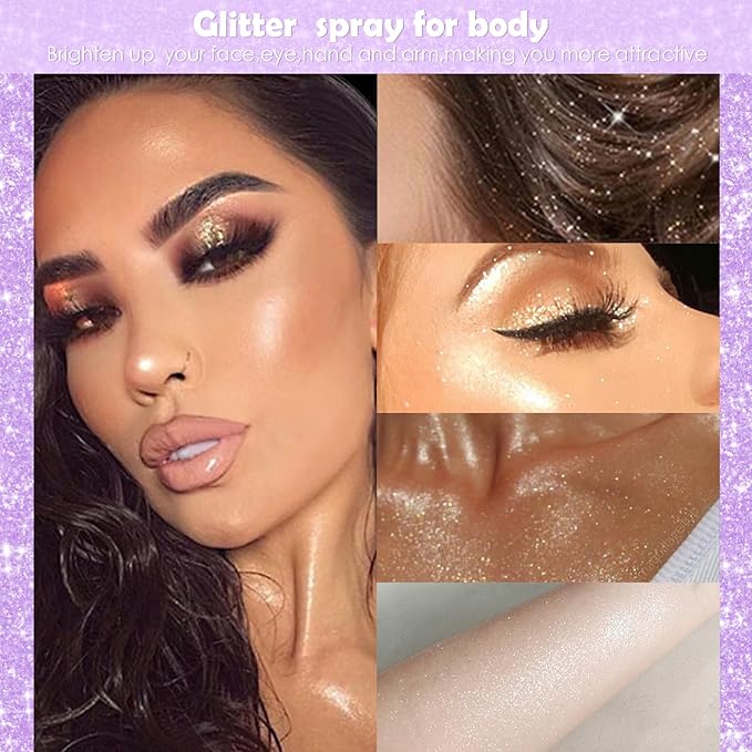 Yosca Highlighter Powder Spray, 20ML Cosmetic Grade Shimmer Powder Pink Glitter Spray Sparkle Highlighter Makeup Festival Concert Accessorise for Rave Clothes Hair Face Nail Art - Taromash