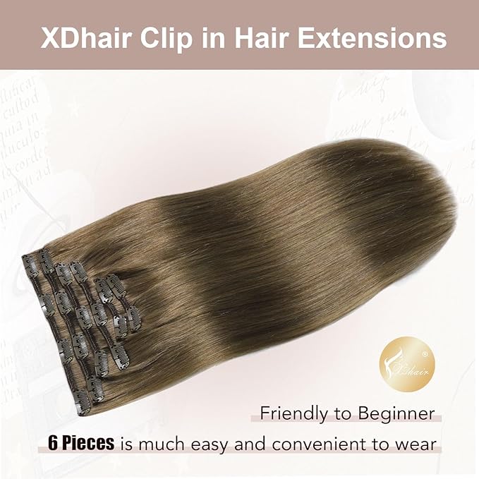 XDhair Clip in Hair Extensions Human Hair,120g 22 Inch Ash Brown Clip in Hair Extensions Straight Remy Hair for Women 6 Pieces (#8,22Inch)