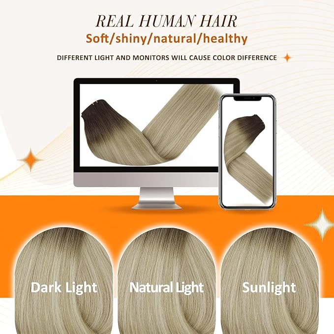 Full Shine Ombre Clip in Hair Extensions 12 Inch Dark Root Brown to Platinum Blonde Real Human Hair with PU Weft Seamless Hair Extensions 8 PCS 95 Grams