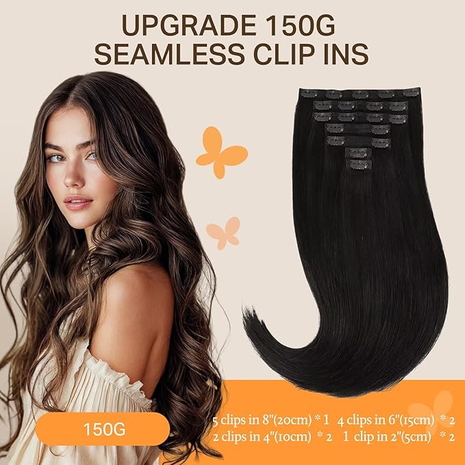 DOORES Hair Extensions Seamless Clip in Human Hair, Natural Black 24 Inch 160g 7pcs, Seamless Clip in Extensions Remy with Thin Weft Thick Invisi Edge Weft
