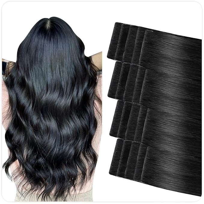 SUYYA Invisible Tape in Hair Extensions Human Hair Jet Black Seamless Injected Hand-Tied Pro Quality Virgin Human Hair 20PCS 50G/Pack Straight Tape Ins(22 inch #1 Jet Black)