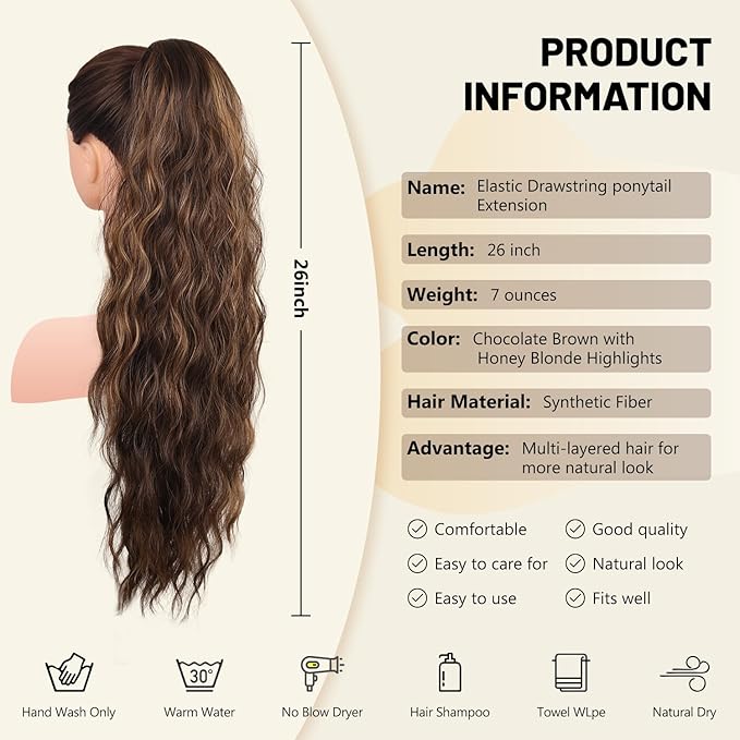 LEEONS 26 inch Drawstring ponytail Extension, Long Wavy pony tails hair extensions for Women - Synthetic Hairpiece Ponytail for Daily Use (Chocolate Brown with Honey Blonde Highlights)