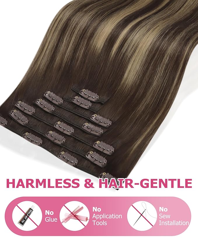 YoungSee 150G Clip in Hair Extensions Real Human Hair Balayage Brown Hair Extensions Clip ins Clip on Extension Real Human Hair Long Straight Hair Balayage Chocolate Brown Mix Caramel Blonde 24in 7pcs