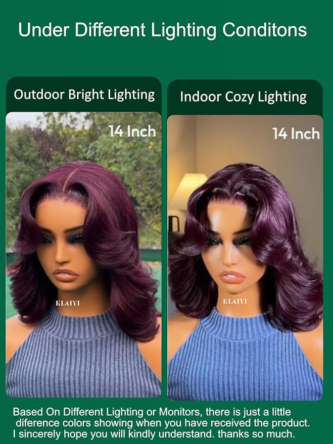 KLAIYI Black Cherry Bob Loose Body Wave Precut 7x5 HD Lace Front Wigs Human Hair Glueless Bye Bye Knots Drawstring Red Burgundy Wig with Curtian Bang Pre Plucked Bleached Ready to Put On And Go 12Inch
